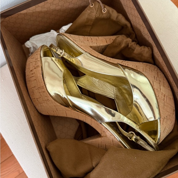 Gucci Gold Wedge Sandals - Picture 1 of 10